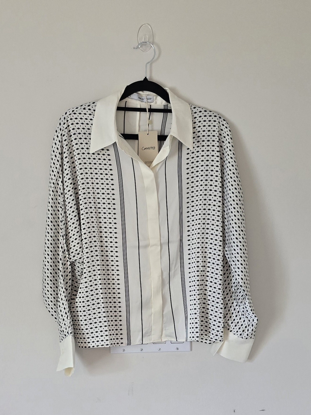 Mango Cream Blouse with Black Stripe and Dot Detail Size XS (NWT)